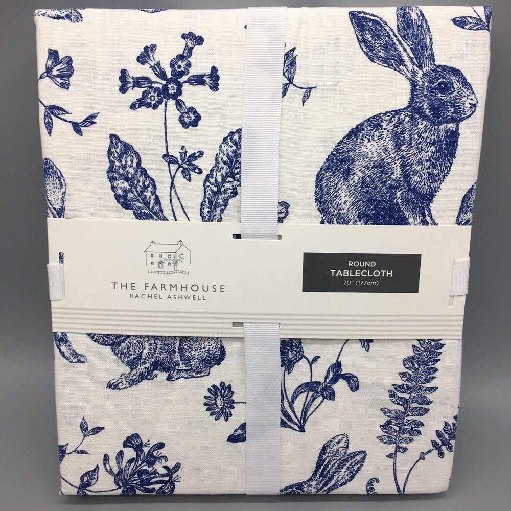 Rachel Ashwell Easter Blue Bunny Rabbit Toile Tablecloth Cloth Farmhouse 70” R
